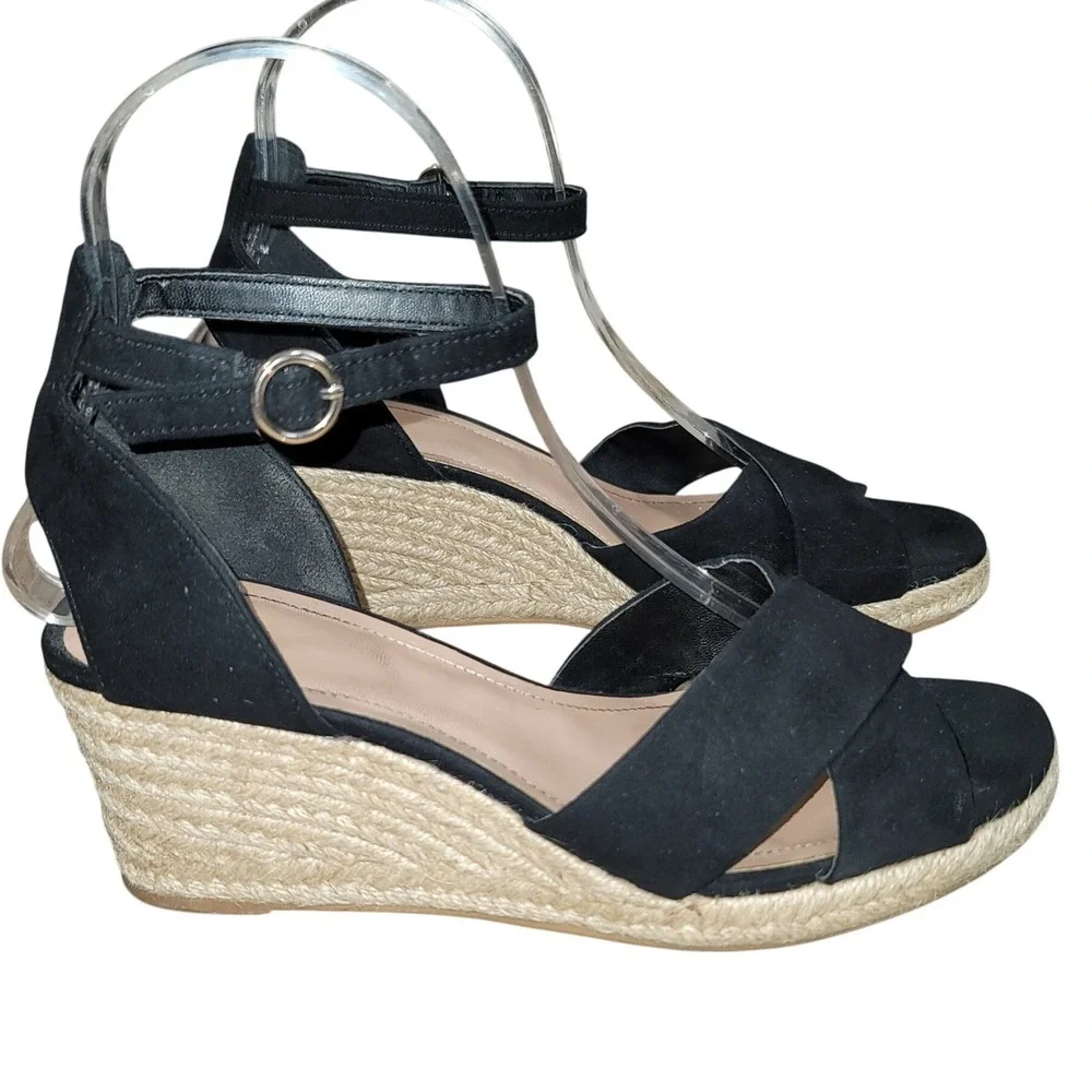 H&M Womens Black Wedge Espadrille Crossover Strap Sz 6 Boho Office Casual Dressy